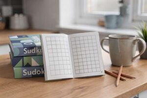 Sudoku puzzle book collection displayed with varying difficulty levels and colorful covers on a wooden table.
