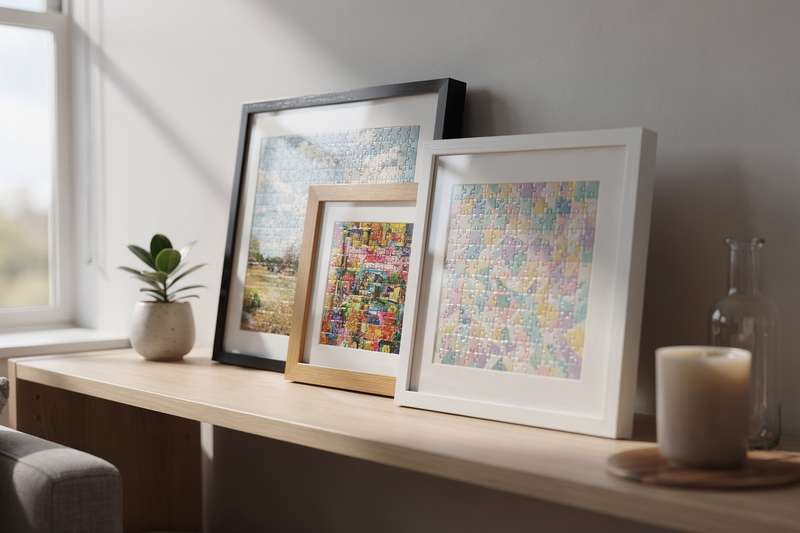 Elegant wooden and metal jigsaw puzzle frames displayed in various sizes for completed puzzles.