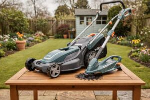Selection of cordless and petrol lawn mowers displayed alongside string trimmers for UK garden maintenance.