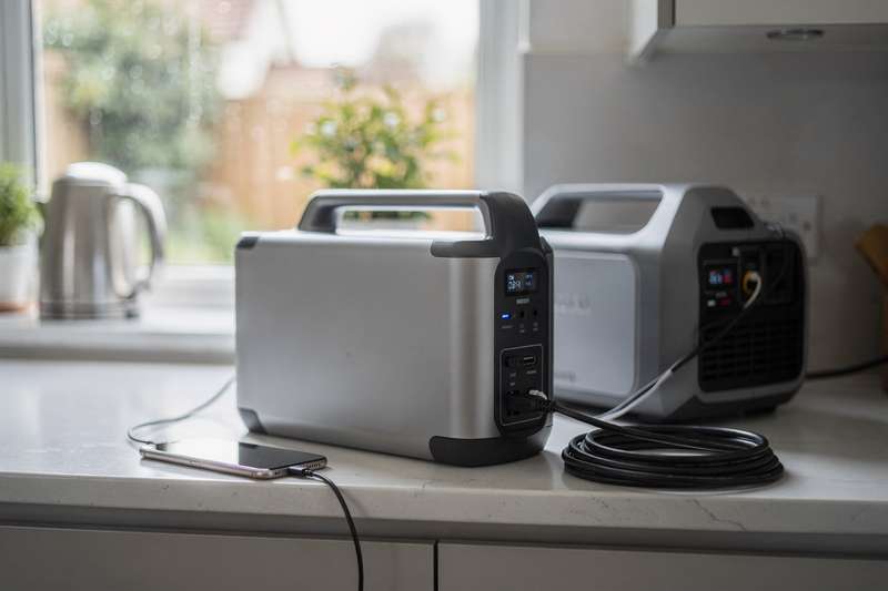 Portable power station and generator units displayed side by side for outdoor garden use.