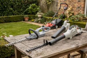 Professional-grade cordless lawn mower and hedge trimmer displayed on garden patio with flowering borders.