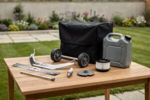 Essential lawn mower components and attachments displayed for UK garden maintenance.
