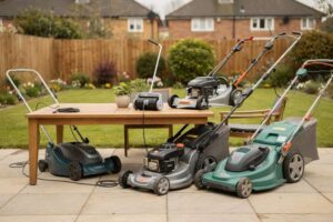 Selection of five different lawn mowers arranged on grass, ranging from compact push models to larger ride-on mowers suitable...