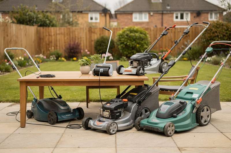 Selection of five different lawn mowers arranged on grass, ranging from compact push models to larger ride-on mowers suitable...
