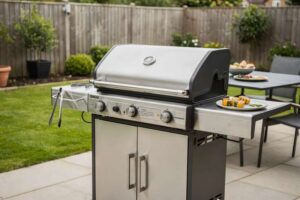 Modern stainless steel barbecue grill set up in a spacious garden patio area for entertaining.