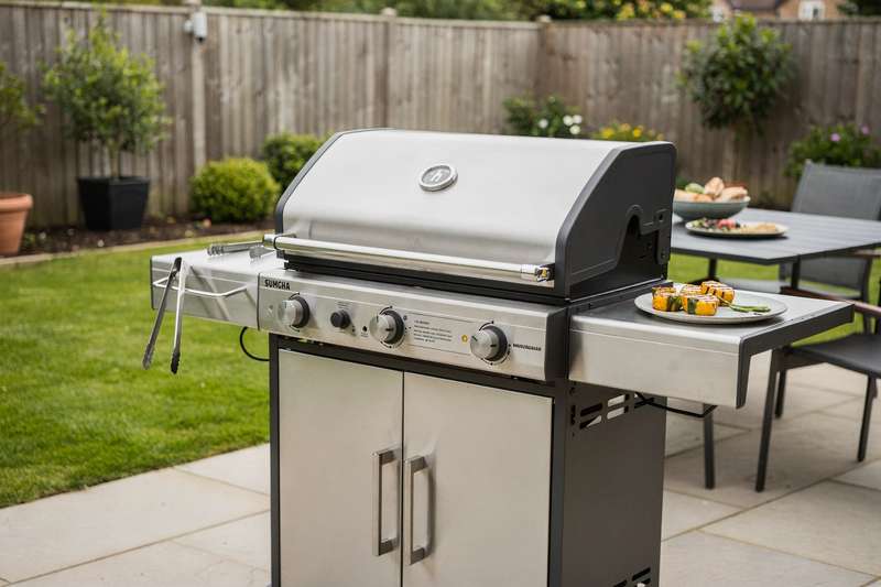 Modern stainless steel barbecue grill set up in a spacious garden patio area for entertaining.