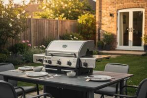 Premium barbecue grills arranged in a garden setting showcasing different styles for outdoor entertaining.