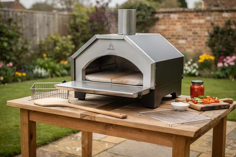 Terracotta and steel pizza ovens arranged on garden patios displaying various styles and sizes available for UK outdoor spaces.