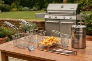 Essential outdoor fryer accessories arranged on a garden patio table for UK homeowners.
