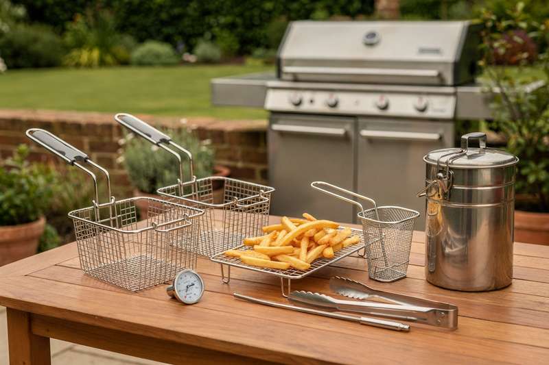 Essential outdoor fryer accessories arranged on a garden patio table for UK homeowners.