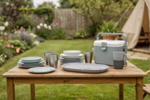 Colorful melamine plates, wooden serving boards, and metal cutlery arranged on a garden table.