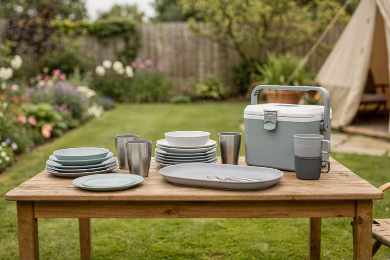 Colorful melamine plates, wooden serving boards, and metal cutlery arranged on a garden table.