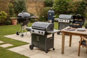 Traditional and modern barbecue and smoker models arranged in a UK garden setting for comparison.