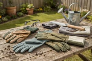 Gardening gloves and protective gear arranged on a wooden surface displaying various styles for UK gardeners.