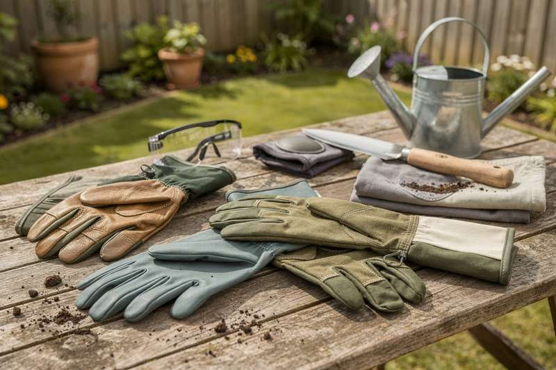 Gardening gloves and protective gear arranged on a wooden surface displaying various styles for UK gardeners.