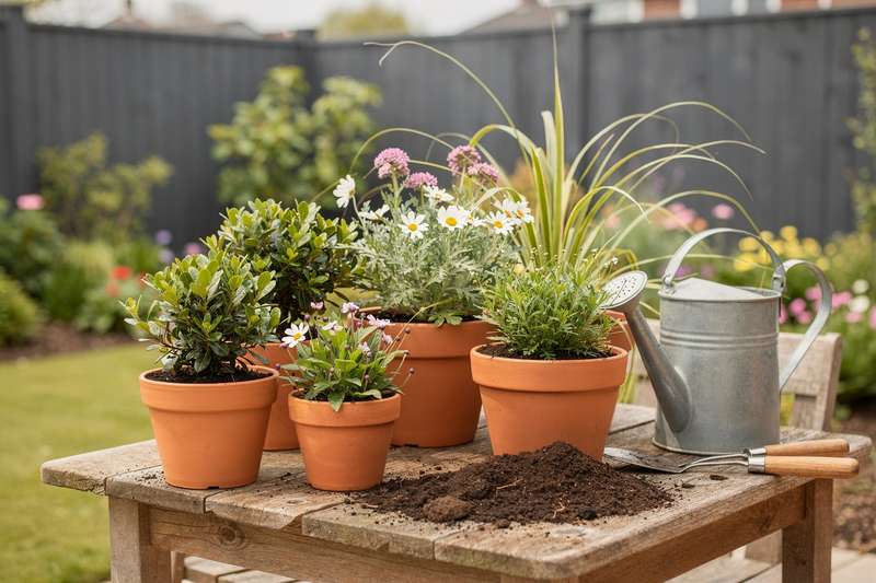 Hardy perennials and shrubs thriving in a traditional British garden setting with mixed borders.