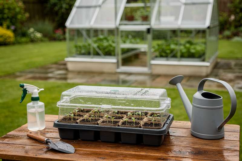 Modern greenhouse structure with potted seedlings and germination trays arranged on shelving inside.