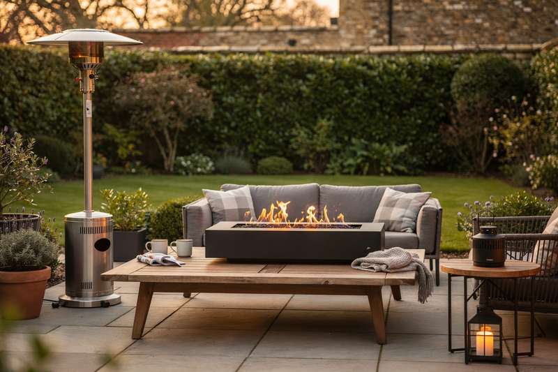 Modern patio heaters and fire pit options arranged on a garden terrace with seating areas.