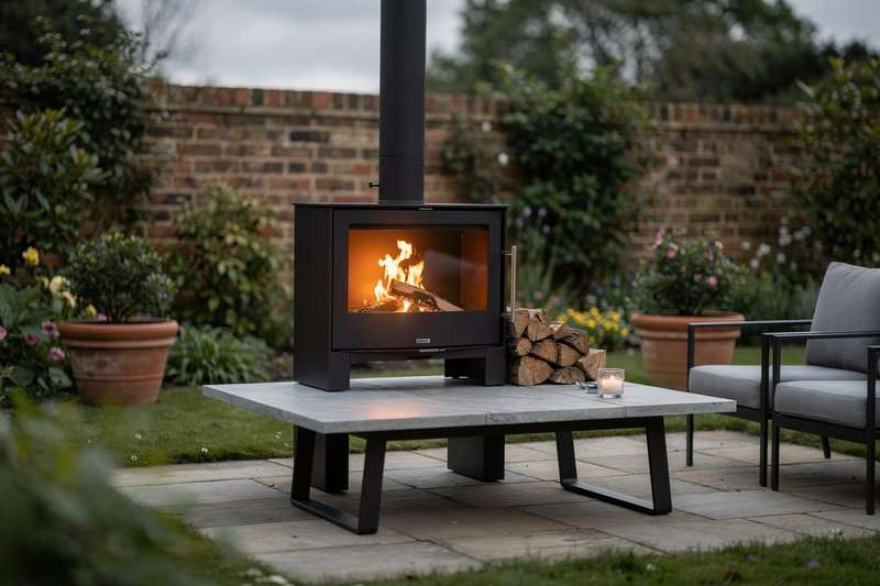 Modern outdoor fireplace with stone surround on a residential UK patio surrounded by garden seating.