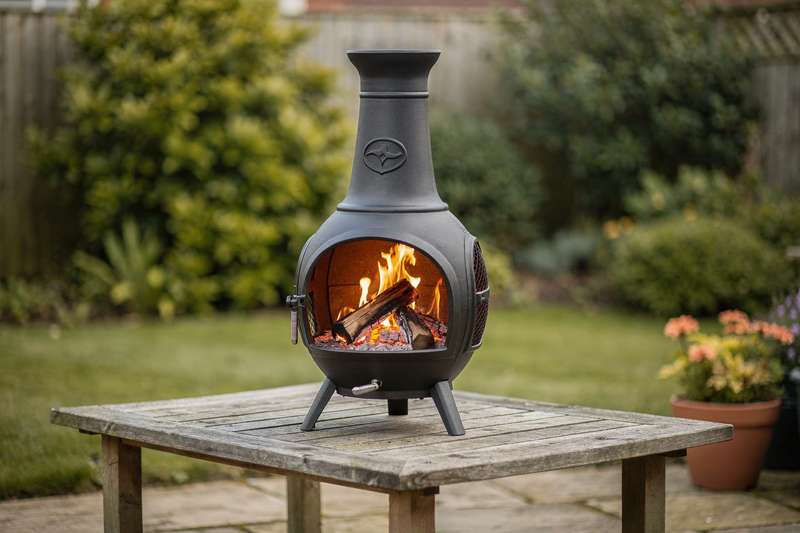 Rustic chiminea with glowing fire set in an outdoor garden patio area on a cool evening.