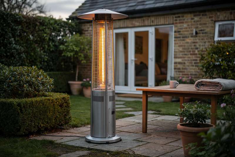 Modern patio heater glowing on a British garden terrace during evening hours.