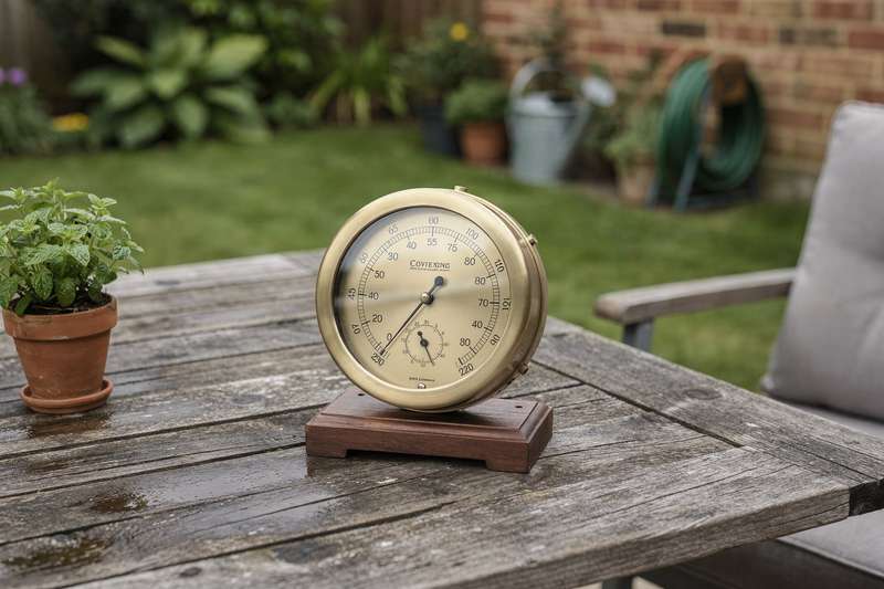 Traditional and digital barometers displayed on a UK garden fence showing pressure readings for weather forecasting.