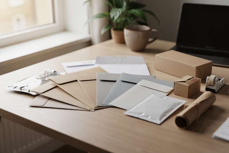 Selection of white and colored postal envelopes with stamps arranged on a desk surface.