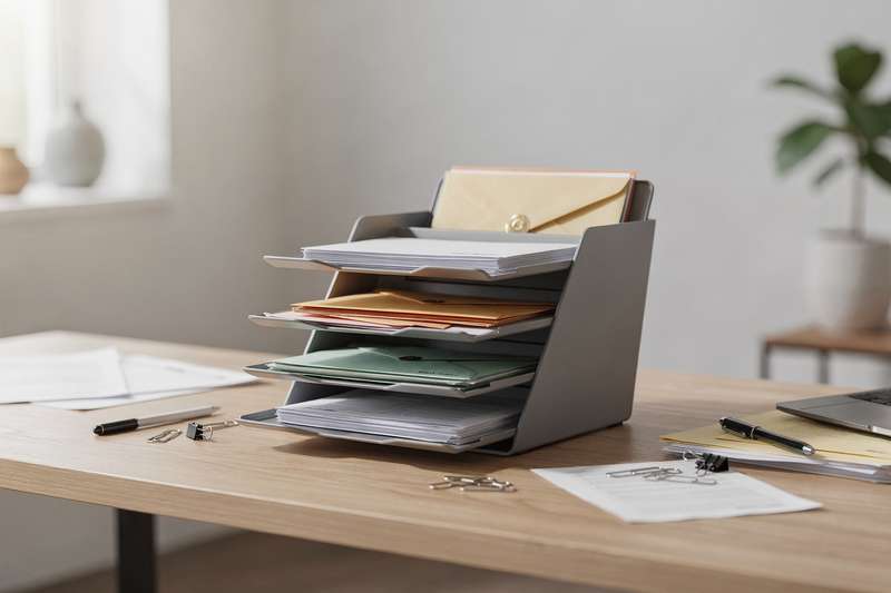 Organized mail sorter with labeled compartments storing documents and envelopes on a desk.