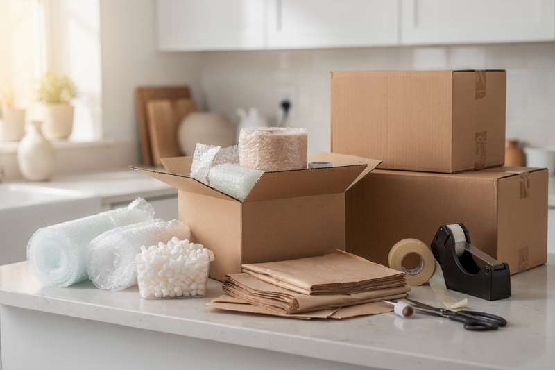 Various protective packing materials including bubble wrap, foam sheets, and kraft paper arranged for moving supplies.