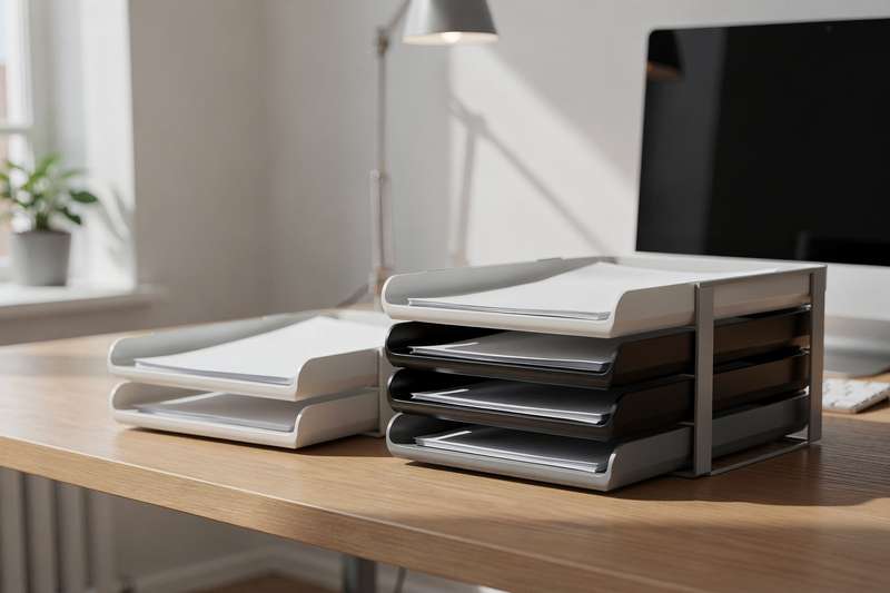 Organized office desk with multiple letter trays and stacking organizers holding paperwork and documents.