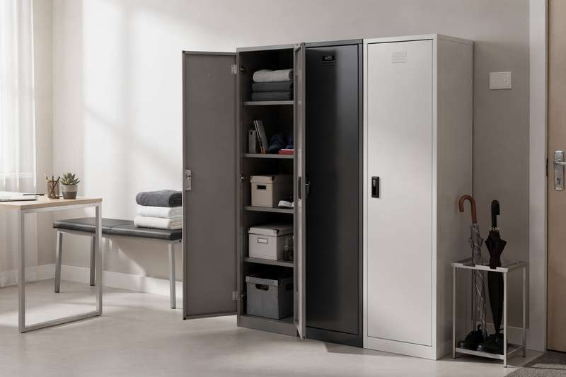 Variety of metal and wooden storage lockers displayed in home, office and gym settings.