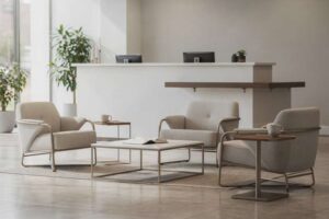 Modern reception desk and seating arrangement in a bright UK office lobby area.