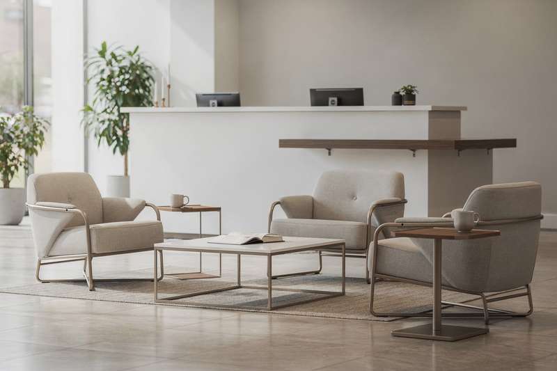 Modern reception desk and seating arrangement in a bright UK office lobby area.