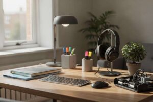 Essential stationery and desk accessories organized on a workspace for productive home office setup.