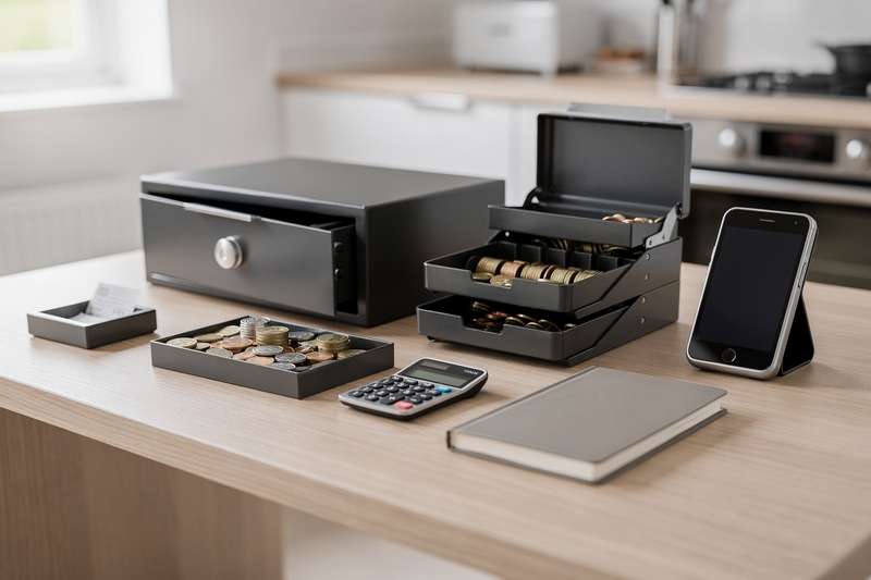 Variety of cash boxes, coin counters, and secure storage solutions arranged on a desk.