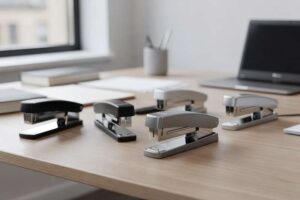 Quality staplers and hole punches arranged on an office desk for product comparison.