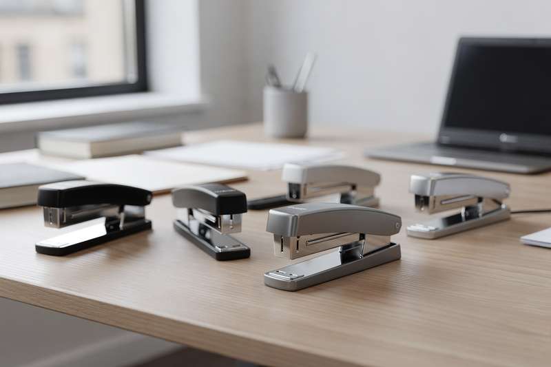 Quality staplers and hole punches arranged on an office desk for product comparison.