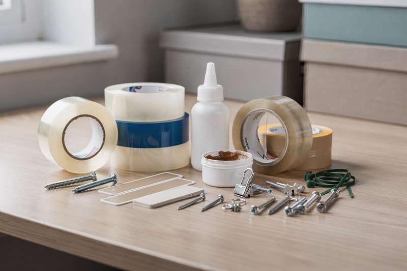 Range of duct tape, double-sided adhesive strips and fastening screws displayed on wooden surface.