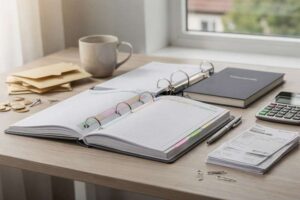 Organized filing cabinet and ledger books displaying UK business forms and record management documents.