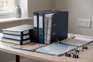 Assorted ring binders and organizational accessories arranged to showcase different sizes and styles for office use.