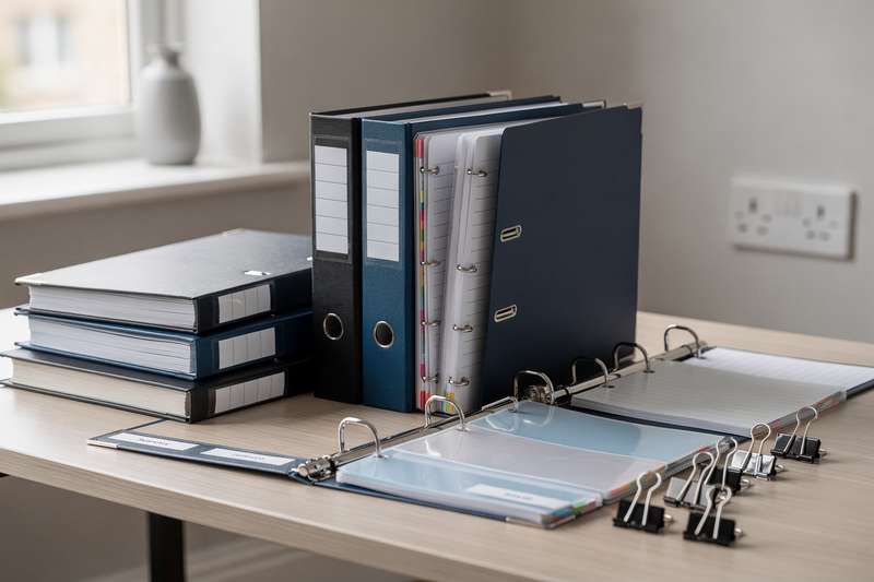 Assorted ring binders and organizational accessories arranged to showcase different sizes and styles for office use.