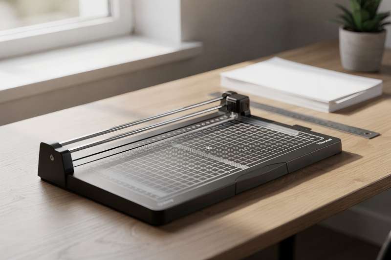 Professional paper trimmer with self-healing cutting mat setup for achieving sharp, accurate edges on craft projects.