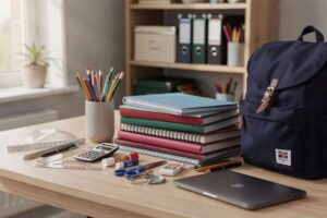Organized collection of colorful pens, notebooks, rulers, and educational materials arranged on a desk.