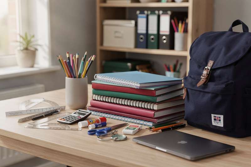 Organized collection of colorful pens, notebooks, rulers, and educational materials arranged on a desk.