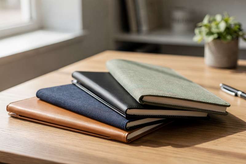 Stylish notebook covers in various designs and materials displayed for protecting and organizing written notes.