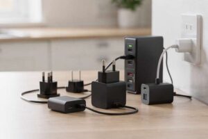 Selection of various AC adapters with different connectors and power ratings displayed on a wooden surface.