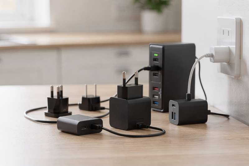Selection of various AC adapters with different connectors and power ratings displayed on a wooden surface.