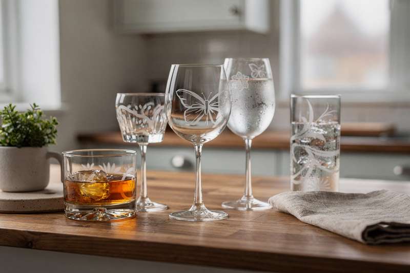 Engraved drinking glasses and personalized glassware displayed as gift options for various occasions.