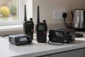 UK radio communication devices comparison showing walkie-talkies, CB radios, and amateur radio equipment for buyers.