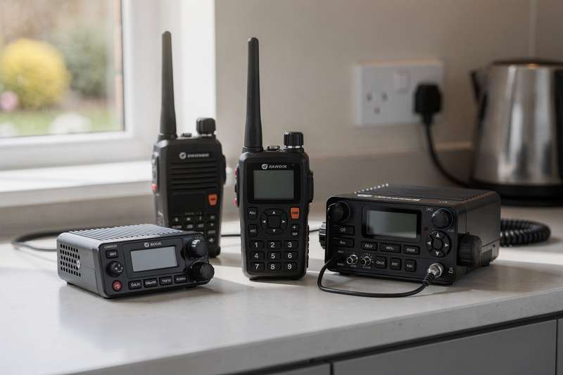 UK radio communication devices comparison showing walkie-talkies, CB radios, and amateur radio equipment for buyers.